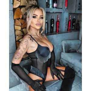 Set lenjerie intima sexy neagra cu franjuri metalice, body si manusi lungi, negru, 2 piese #BB4152 - Img 9