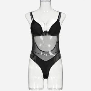 Set lenjerie intima sexy neagra cu franjuri metalice, body si manusi lungi, negru, 2 piese #BB4152 - Img 18