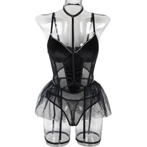 Set lenjerie sexy din catifea si tul, corset cu burete si cristale, negru, 4 piese #BB4188 - Img 12