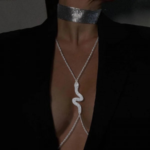 ❗Super Oferta❗ Body chain pentru bust cu cristale transparente si detaliu sarpe, argintiu #BB4100 - Img 2