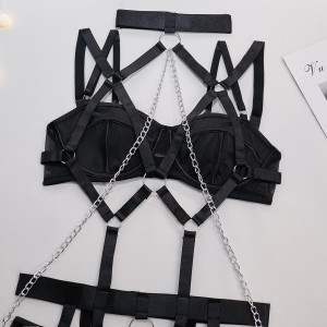 ❗Super Oferta❗Set lenjerie intima sexy cu benzi elastice, lant decorativ si catuse, negru, 4 piese #BB4268 - Img 8