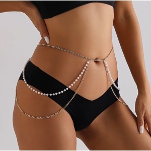 Accesoriu tip body chain pentru talie cu perle, auriu #BB4568 - Img 3