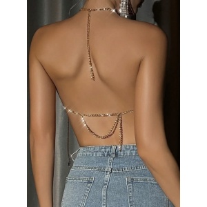 Body chain tip bustiera cu lanturi si cristale transparente, auriu #BB4120 - Img 2
