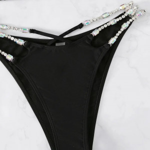Costum de baie 2 piese cu decupaje, bretele si cristale decorative, negru #BB2101 - Img 11