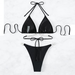 Costum de baie 2 piese cu elemente metalice si cristale decorative, negru #BB2540 - Img 7