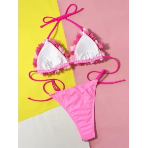 Costum de baie 2 piese cu flori decorative aplicate pe sutien, roz neon #BB2077 - Img 3