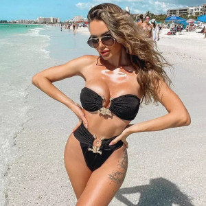 Costum de baie 2 piese cu talie inalta si catarama metalice aurii la slip si sutien, negru #BB2548 - Img 2