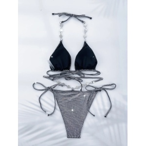 Costum de baie 2 piese metalizat cu decupaje la slip si cristale decorative, argintiu #BB2076 - Img 4