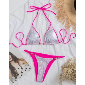 Costum de baie 2 piese metalizat cu insertii roz fucsia si perle decorative, argintiu #BB2359 - Img 4