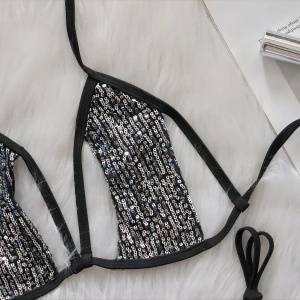 Costum de baie 2 piese metalizat cu paiete si decupaje la sutien, negru #BB2221 - Img 9