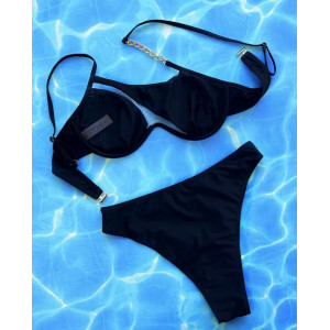 Costum de baie 2 piese pe un umar, cu decupaje si lanturi metalice aurii, negru #BB2029 - Img 4