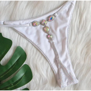 Costum de baie 2 piese sidefat, slip tanga cu cristale decorative la spate, alb sidefat #BB2441 - Img 11