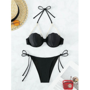 Costum de baie 2 piese, sutien cu push-up si perle albe decorative, slip brazilian reglabil, negru #BB2066 - Img 3