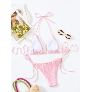 Costum de baie 2 piese texturat cu slip reglabil si trandafiri decorativi, roz #BB2240 - Img 7