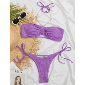 Costum de baie 2 piese texturat, snur dupa gat cu perle albe decorative, mov #BB2168 - Img 3