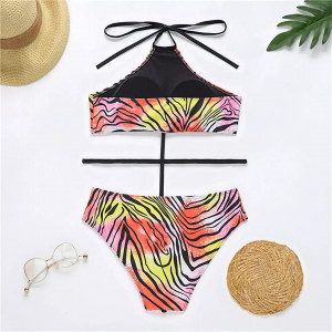 Costum de baie 2 piese unite in fata cu snur, imprimeu zebra, multicolor #BB2074 - Img 6