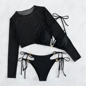 Costum de baie 3 piese cu bluza din voal elastic, slip reglabil cu cercuri metalice, negru #BB2283 - Img 8