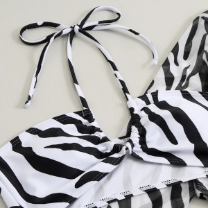 Costum de baie 3 piese cu bluza, slip tanga, imprimeu zebra, alb/negru #BB2352 - Img 17
