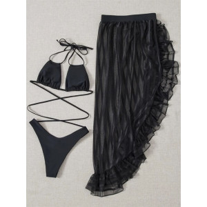  Costum de baie 3 piese cu fista lunga crapata pe picior, negru #BB2022 - Img 4
