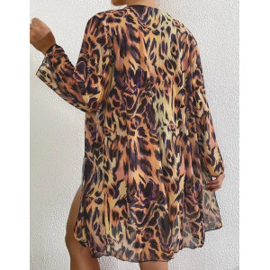 Costum de baie 3 piese cu halat, cupe buretate, slip reglabil, animal print, negru/ maro #BB2400 - Img 2