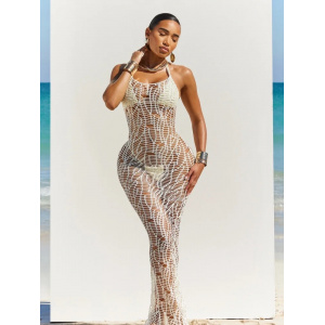Costum de baie 3 piese cu rochie lunga crosetata, cu spatele gol, slip tanga, alb #BB2021 - Img 4