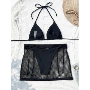 Costum de baie 3 piese, fusta cu aspect metalizat si slip reglabil, negru/ argintiu #BB2380 - Img 2