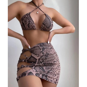 Costum de baie 3 piese, fusta cu decupaje, slip tanga, imprimeu sarpe, maro #BB2501 - Img 1