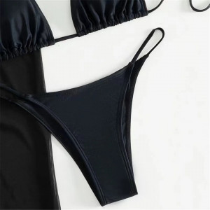 Costum de baie 3 piese, rochie lunga din voal cu crapaturi pe picioare, negru #BB2408 - Img 17