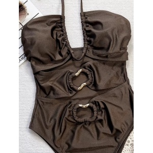 Costum de baie intreg cu decupaje și șnur reglabil, maro #BB1203 - Img 6