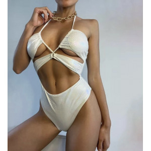 Costum de baie intreg metalizat cu decolteu si decupaje, imprimeu sarpe, alb ivoire #BB1028 - Img 1