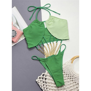 Costum de baie intreg ridat cu decupaje si lanturi aurii decorative, verde #BB1035 - Img 2