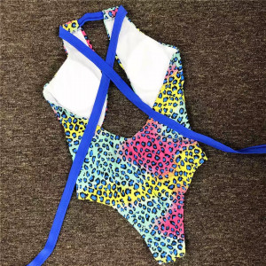 Costum de baie intreg sexy, cu decolteu adanc si spatele gol, imprimeu leopard, albastru/ multicolor #BB1062 - Img 10