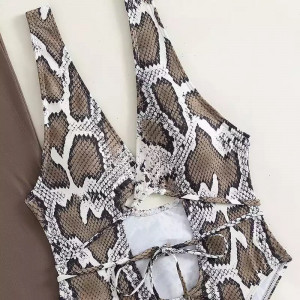 Costum de baie intreg sexy, cu esarfa, imprimeu sarpe, bej/maro, 2 piese #BB1163 - Img 3