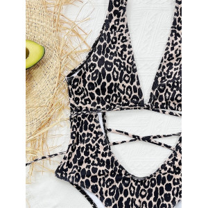 Costum de baie intreg sexy, decupat, cu spatele gol, imprimeu leopard, negru/bej #BB1191 - Img 6