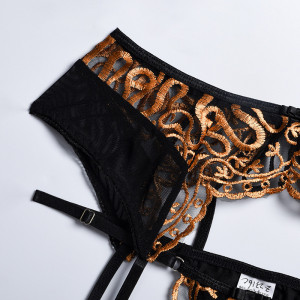 Lenjerie intima sexy, set negru cu broderie aurie, sutien, chilot si accesoriu tale cu portjartiera #BB4378 - Img 8