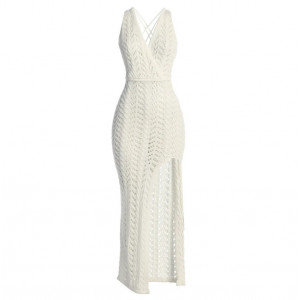 Rochie de plaja lunga tricotata cu spatele gol, decolteu in V si crapatura pe picior, alb #BB1027 - Img 6