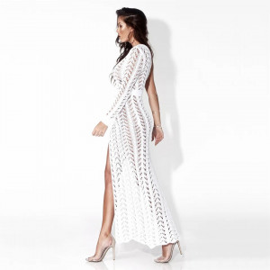 Rochie lunga de plaja pe un umar, tricotata fin, crapatura pe picior, alb #BB1189 - Img 9
