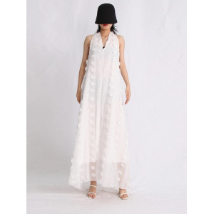 Rochie lunga de plaja vaporoasa, oversize, cu spatele gol si broderie in relief, alb #BB1022 - Img 7