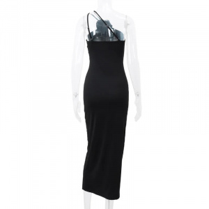 Rochie lunga sexy mulata cu trandafir decorativ detasabil, negru #BB1119 - Img 19