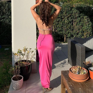 Rochie lunga sexy mulata, decupaje si accesorii metalice cu cristale, roz/roz neon #BB1101 - Img 4