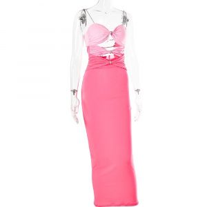 Rochie lunga sexy mulata, decupaje si accesorii metalice cu cristale, roz/roz neon #BB1101 - Img 14