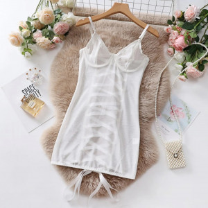 Rochie sexy de noapte din dantela fina elastica cu snur reglabil la spate, alb #BB4126 - Img 11