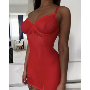 Rochie sexy de noapte din dantela fina elastica cu snur reglabil la spate, rosu #BB4123 - Img 13