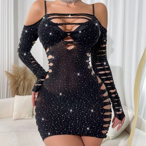 Rochie sexy elastică cu decupaje și cristale decorative, negru #BB4770 - Img 1