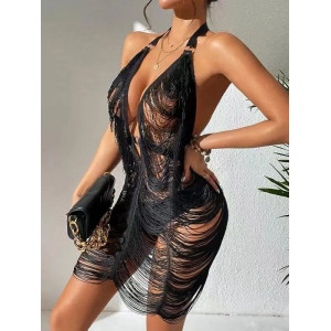 Rochie sexy scurta de plaja din franjuri, cu decolteu adanc si spatele gol, negru #BB1133 - Img 1