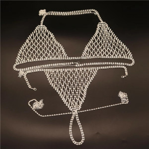 Set body chain sutien si slip cu cristale transparente si lanturi, argintiu #BB4627 - Img 10