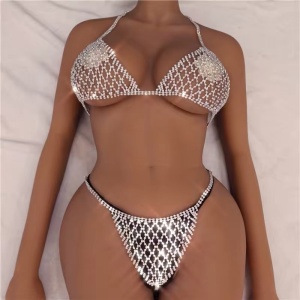 Set body chain sutien si slip cu cristale transparente si lanturi, argintiu #BB4627 - Img 2