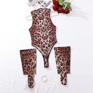 Set lenjerie intima sexy cu body si ciorapi inalti, imprimeu leopard, bej/ maro, 2 piese #BB4596 - Img 9