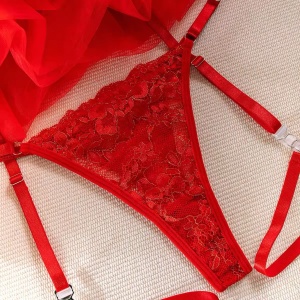Set lenjerie intima sexy din dantela brodata cu insertii subtile aurii, rosu, 4 piese #BB4153 - Img 11