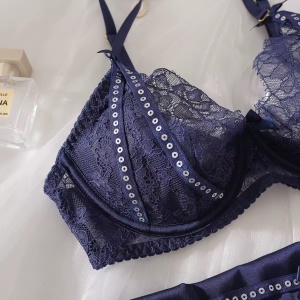 Set lenjerie intima sexy din dantelă cu broderie , albastru, 4 piese #BB4753 - Img 10